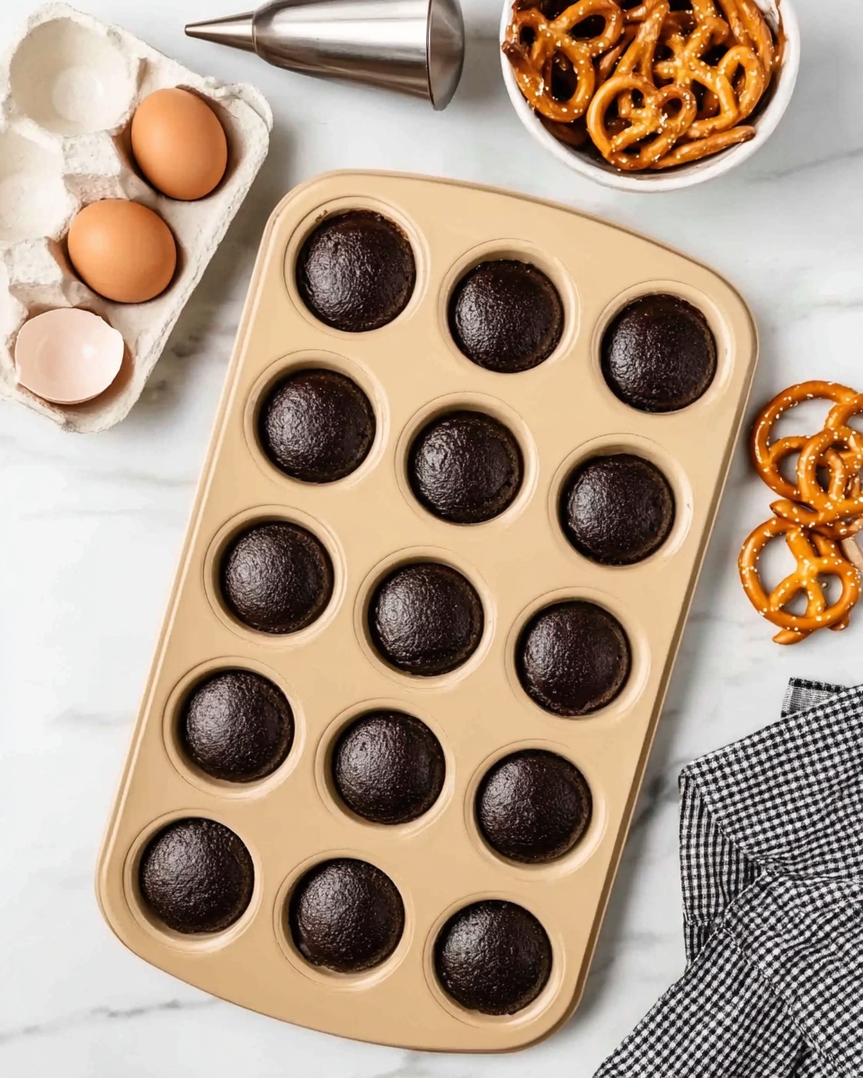 The image shows a beige baking tray with twelve black, round baked cakes placed in its wells, each with a slightly shiny and smooth texture on top. To the top left, there is a white egg carton with three brown eggs and three empty broken eggshells next to it. Above the tray, there is a metal piping bag filled with chocolate or dark brown batter with a pointed silver tip. On the right side, there is a white bowl filled with golden brown pretzels next to a single pretzel sitting on the white marbled surface. At the bottom right corner, there is a black and white checkered cloth partially visible on the same white marbled surface. photo taken with an iphone --ar 4:5 --v 7