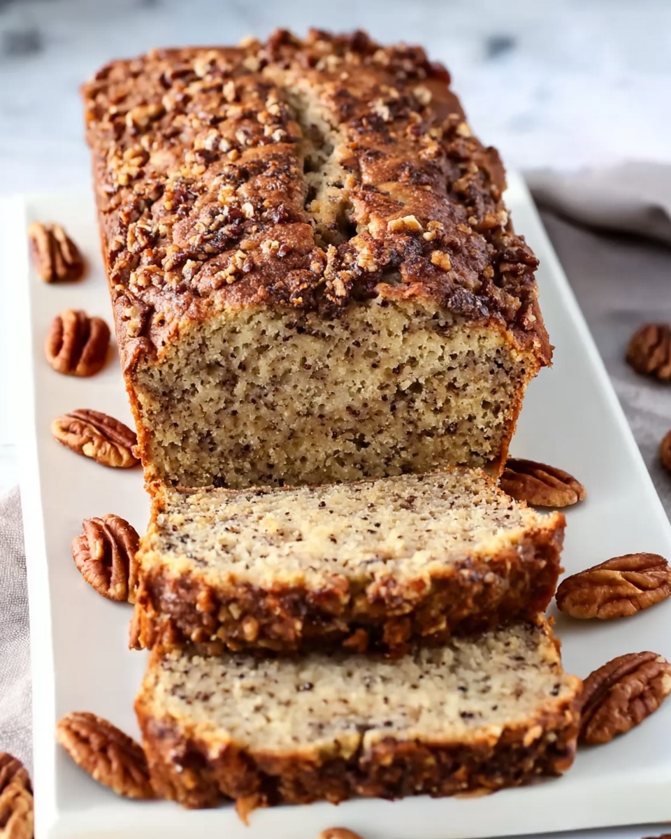 The image shows a loaf of nut bread placed on a long white plate on a white marbled surface. The loaf is light brown with a crumbly dark brown top that is covered with small nut pieces. The bread inside is speckled with tiny dark spots, suggesting nuts or spices mixed in. The front of the loaf is sliced into three thick pieces laid flat on the plate, showing the moist texture inside with small bits evenly spread. Some whole nuts are scattered around the plate, adding to the rustic look. Photo taken with an iphone --ar 4:5 --v 7