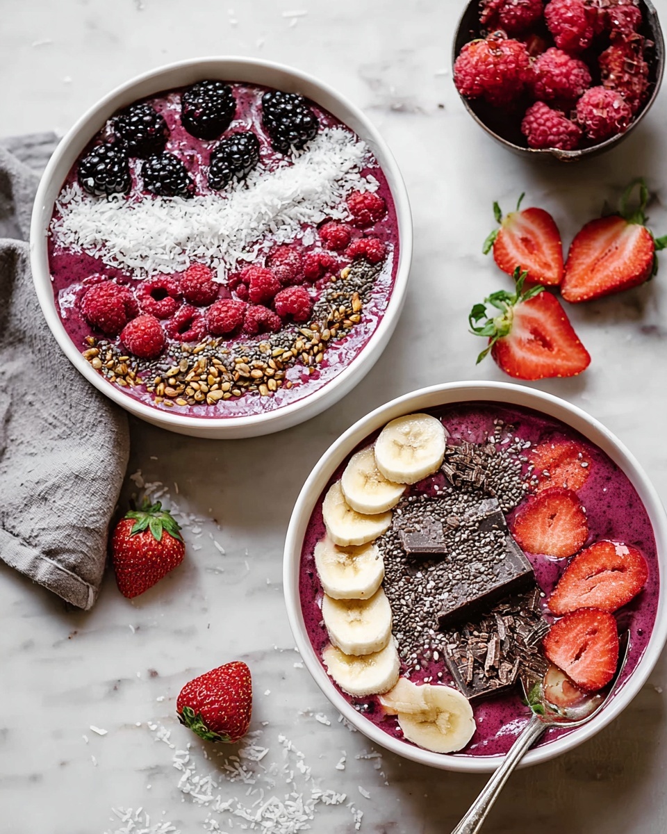 Two white bowls filled with bright purple smoothie bases placed on a white marbled surface. The bowl on the left has four neat horizontal layers of toppings from left to right: small crunchy brown seeds, blackberries, white coconut flakes, and fresh red raspberries. The bowl on the right features three curved layers of toppings from top to bottom: dark chocolate chunks with small black chia seeds sprinkled over, white coconut flakes, and round banana slices with chia seeds sprinkled over them. Whole strawberries and a measuring cup filled with raspberries sit around the bowls. A spoon rests inside the right bowl. photo taken with an iphone --ar 4:5 --v 7