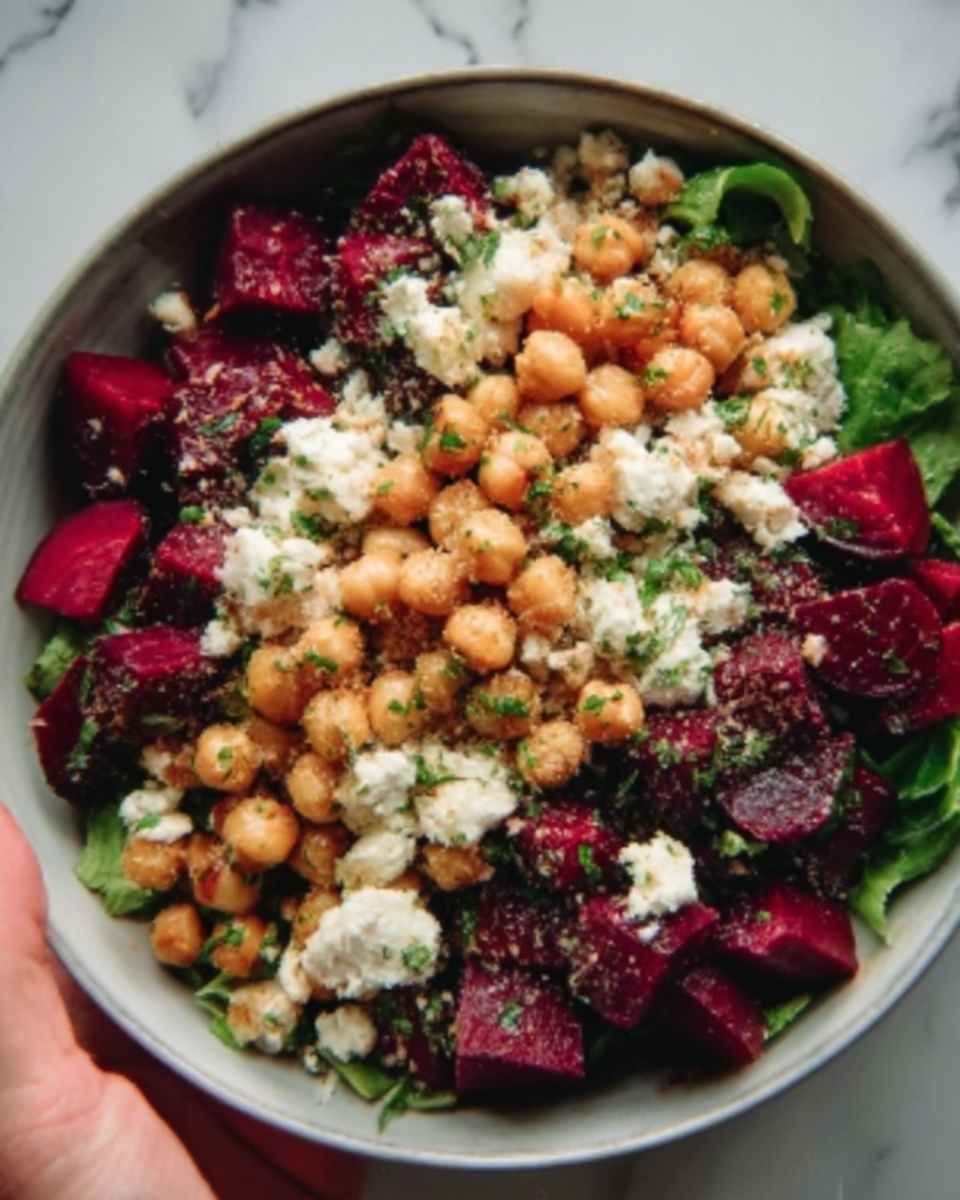 A white bowl filled with a vibrant salad showing several layers: bright green chopped herbs at the base, topped with deep red cubed beets, scattered creamy white cheese chunks, and golden roasted chickpeas sprinkled on top. The textures vary from soft and crumbly cheese to crunchy chickpeas, all set against a white marbled surface. The colors are rich and inviting, making the dish look fresh and healthy. A woman's hand is seen gently holding the bowl. photo taken with an iphone --ar 4:5 --v 7