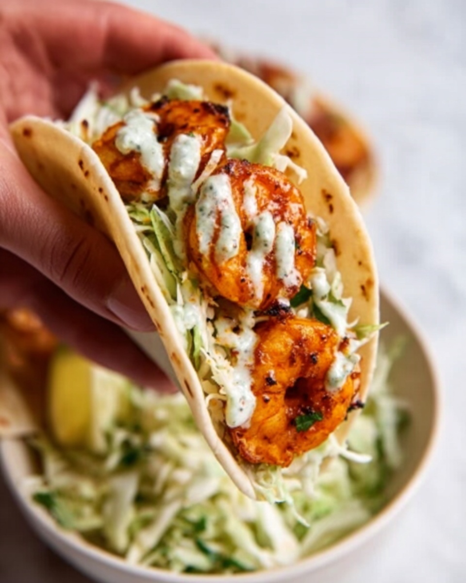 A close-up of a woman's hand holding a soft, white corn taco shell filled with three grilled shrimp coated in a slightly charred orange sauce, topped with shredded white cabbage and a drizzle of creamy white sauce, with some green sauce peeking out underneath. The background shows a white bowl filled with more shredded cabbage and a white marbled surface beneath. Photo taken with an iphone --ar 4:5 --v 7