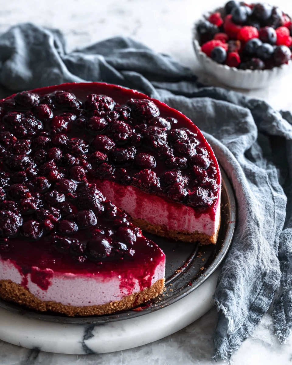 A round dessert with three visible layers sits in a dark pan on a white marbled surface. The bottom layer is a crumbly brown crust, the middle layer is smooth and creamy bright pink, and the top layer is a shiny mix of whole and crushed dark red and purple berries covered in a thick, glossy berry glaze. There is one slice removed from the dessert, showing all layers clearly. A soft, wrinkled gray cloth is placed in the background, along with a white bowl of mixed berries on the right side. Photo taken with an iphone --ar 4:5 --v 7
