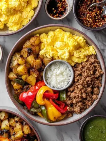 Breakfast Meal Prep Bowls with Roasted Potatoes, Spiced Ground Chicken, and Scrambled Eggs Recipe