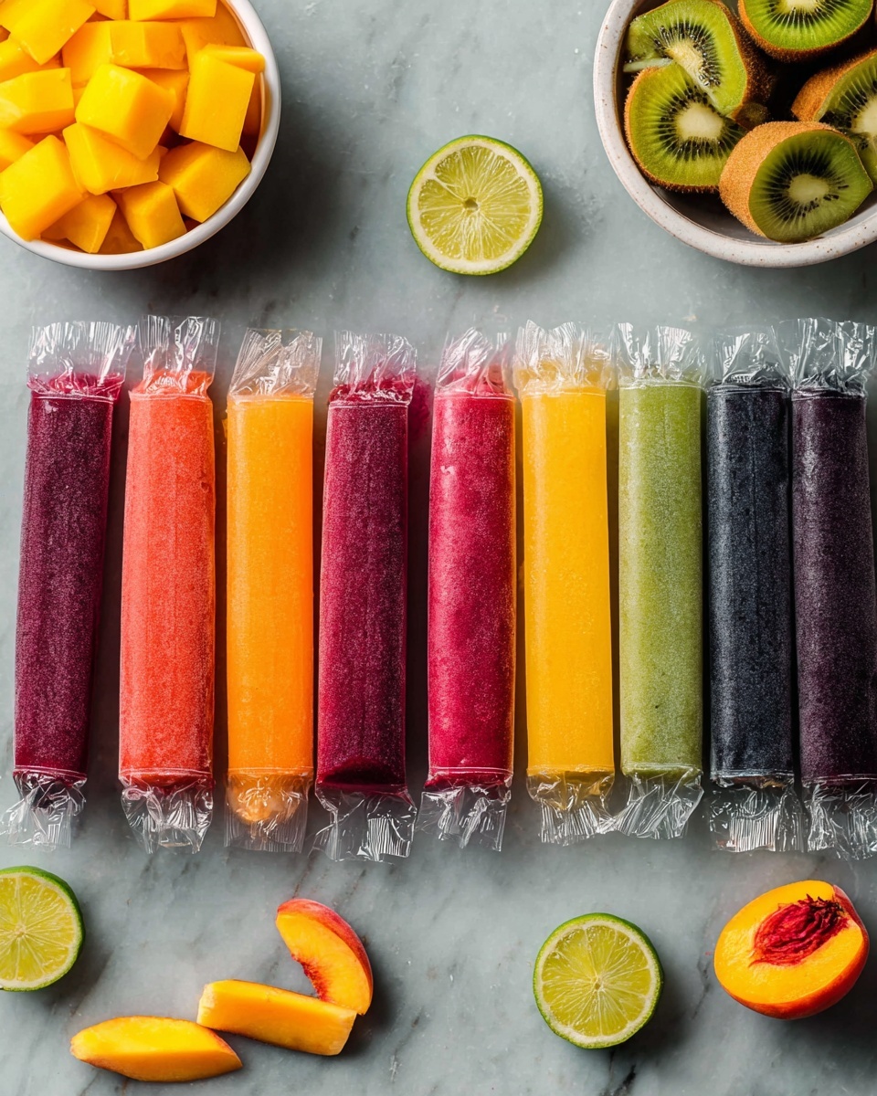 A row of colorful frozen fruit popsicles in clear plastic sleeves is laid out horizontally on a white marbled surface. The popsicles display a gradient of colors from deep purple on the left, shifting through shades of red, bright orange, yellow, light green, and ending with dark purple on the right. Above the popsicles, there is a white bowl filled with halved kiwi fruits, and to the left, a diced mango is partially visible. Around the popsicles, there are scattered fruit halves including a lime, a lemon, and a peach, adding natural textures and bright colors to the scene. Photo taken with an iphone --ar 4:5 --v 7