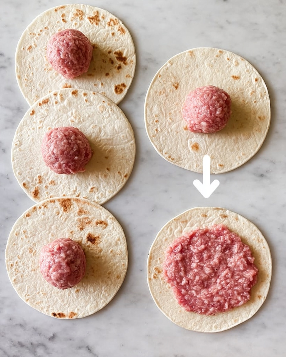 The image shows five small round white tortillas laid out on a white marbled surface. Each tortilla has a pink ball of raw meat placed in the center, except one in the bottom right corner where the meat is flattened evenly across the tortilla, covering it fully with a smooth texture. There's a white arrow pointing from an unflattened meat ball on a tortilla to the flattened meat on the bottom right tortilla, suggesting the meat is spread out. The tortillas have light brown toasty spots scattered on them. Photo taken with an iphone --ar 4:5 --v 7