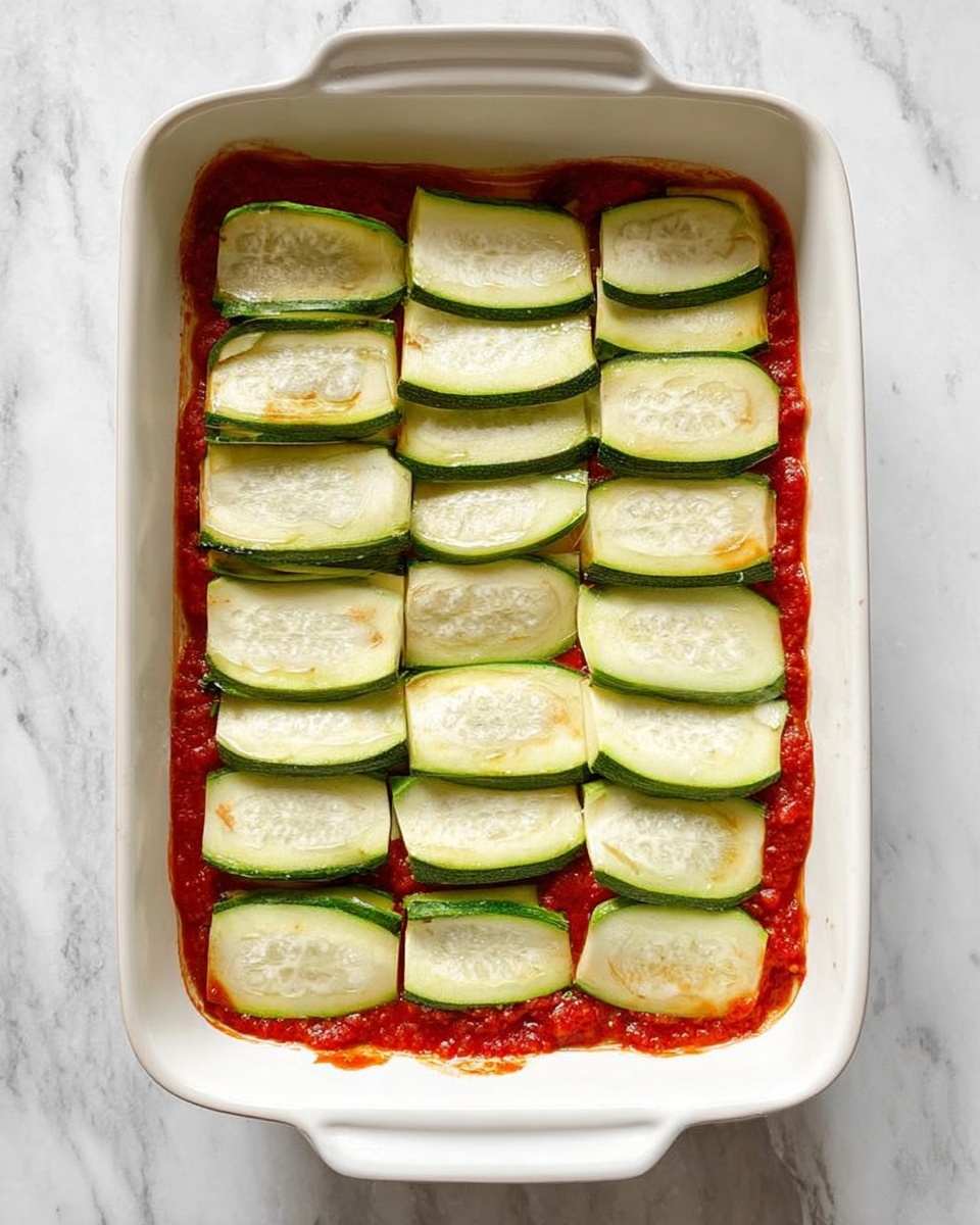 A white rectangular dish filled with one layer of red tomato sauce at the bottom, topped by a neat layer of pale green zucchini slices cut lengthwise, arranged side by side covering the sauce completely. The zucchini slices show light green skin edges on top and smooth pale inner flesh with visible seeds. The dish sits on a white marbled surface. photo taken with an iphone --ar 4:5 --v 7