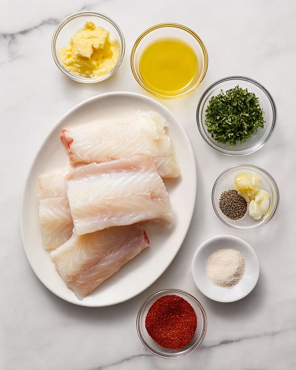 A white oval plate holds four pieces of raw white fish fillets arranged in a slightly overlapping manner, showing a smooth and shiny texture with a faint pink tint. Surrounding the plate on a white marbled surface are small clear glass bowls and a small white bowl with different ingredients: one bowl with melted yellow butter, one with finely chopped green herbs, one with minced garlic, one with a drizzle of olive oil, one with lemon juice, and a small white bowl with three piles of dry spices in black, white, and red colors. The setup is neat and bright, showing clean and fresh ingredients ready for cooking. Photo taken with an iphone --ar 4:5 --v 7