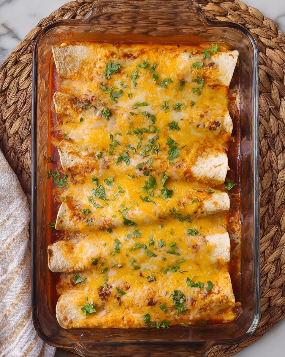 The image shows a glass baking dish filled with three rolled tortillas on a layer of red sauce at the bottom. The tortillas are covered with melted yellow and white cheese, which has a slightly bubbly and golden texture in some spots. Small pieces of green herbs are sprinkled evenly over the top, adding a fresh contrast to the warm colors of the cheese and sauce. The baking dish is placed on a woven mat set on a white marbled surface. Photo taken with an iphone --ar 4:5 --v 7