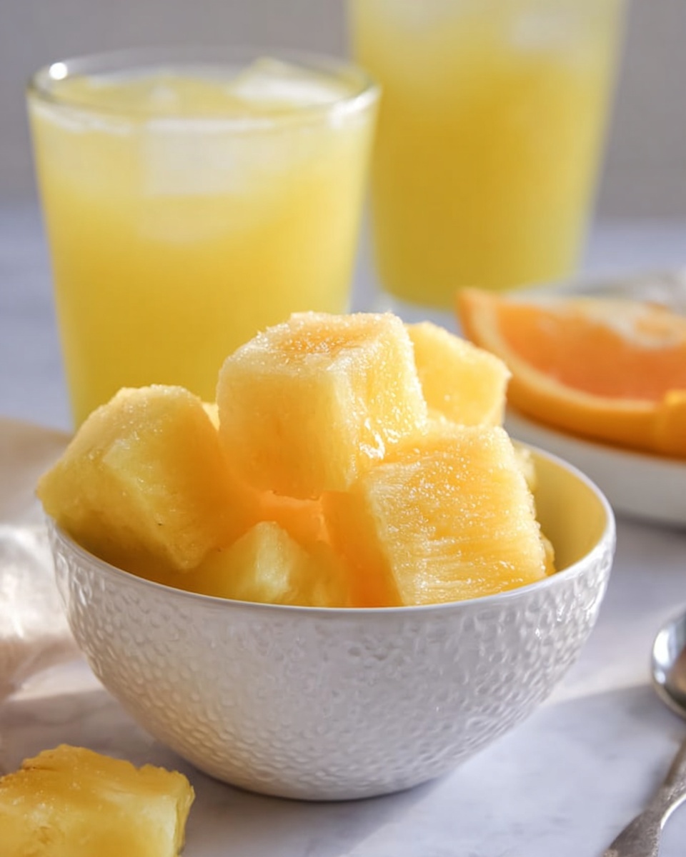 A white textured bowl filled with several yellow pineapple pieces stacked, showing a juicy and slightly frosty surface. Behind the bowl, there are two clear glasses filled with yellow pineapple juice, one containing round ice cubes on top. The setting is on a white marbled surface with a small orange wedge and a silver spoon blurred in the background. The lighting is soft and natural, highlighting the fresh and cool feel of the fruit and juice. photo taken with an iphone --ar 4:5 --v 7