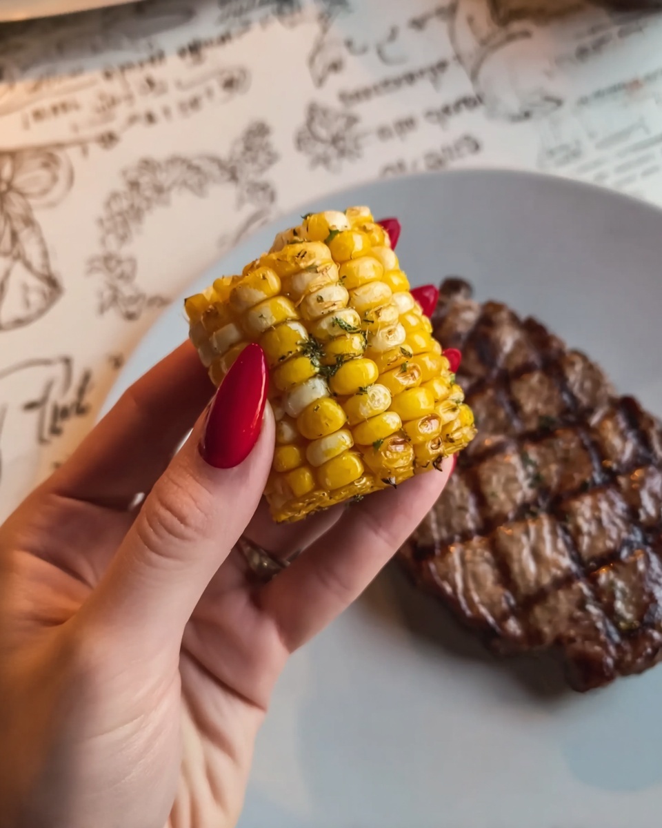 A woman's hand with long red nails holds a small, golden-yellow piece of grilled corn with visible char marks and some herb seasoning. Below the hand, on a white plate, there is a cooked steak with grill marks and a juicy texture. The background is a white marbled surface with faint floral and script designs. photo taken with an iphone --ar 4:5 --v 7