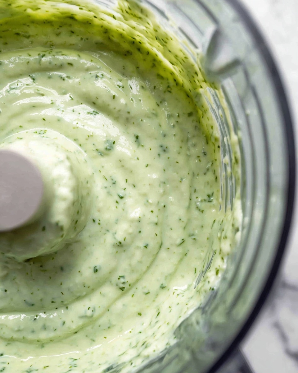 The image shows a close-up of a creamy green sauce inside a clear food processor bowl. The sauce has a smooth, thick texture with small green herb pieces evenly spread throughout. The green color is light and soft, with a slightly muffled sheen, indicating freshness. The clear food processor bowl has curved edges, with some sauce clinging to the sides, giving a sense of motion as if recently blended. The background surface is white with a marbled texture, adding brightness to the image. Photo taken with an iphone --ar 4:5 --v 7