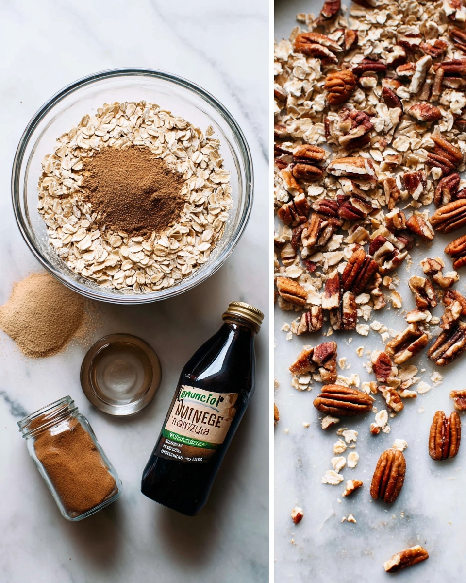 The left side shows a clear glass mixing bowl filled with light beige rolled oats and a layer of brown spice powder on top, placed on a white marbled surface. In front of the bowl are three spice containers: a small clear jar of brown ground nutmeg lying on its side with some powder spilled near its opening, a clear jar of light brown cinnamon powder standing upright, and a dark glass bottle of vanilla extract lying horizontally. The right side displays a white marbled surface covered with a single scattered layer of chopped pecans in various shades of brown and beige, spread unevenly and showing a natural broken texture. photo taken with an iphone --ar 4:5 --v 7