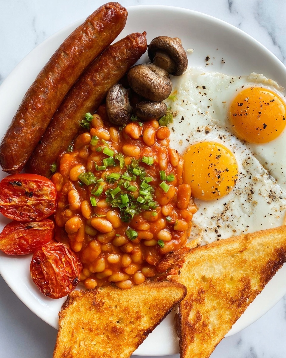 A white plate with two long brown sausages placed across the top left side, below them three round grilled brown mushrooms, and two halves of grilled red tomatoes at the bottom left. In the center of the plate, there is a mound of baked beans in a reddish sauce topped with chopped green herbs. To the right, two sunny-side-up eggs with vibrant yellow yolks sprinkled lightly with black pepper, and below them, two golden-brown triangular toasted bread slices are positioned. The plate is set on a white marbled surface. Photo taken with an iphone --ar 4:5 --v 7