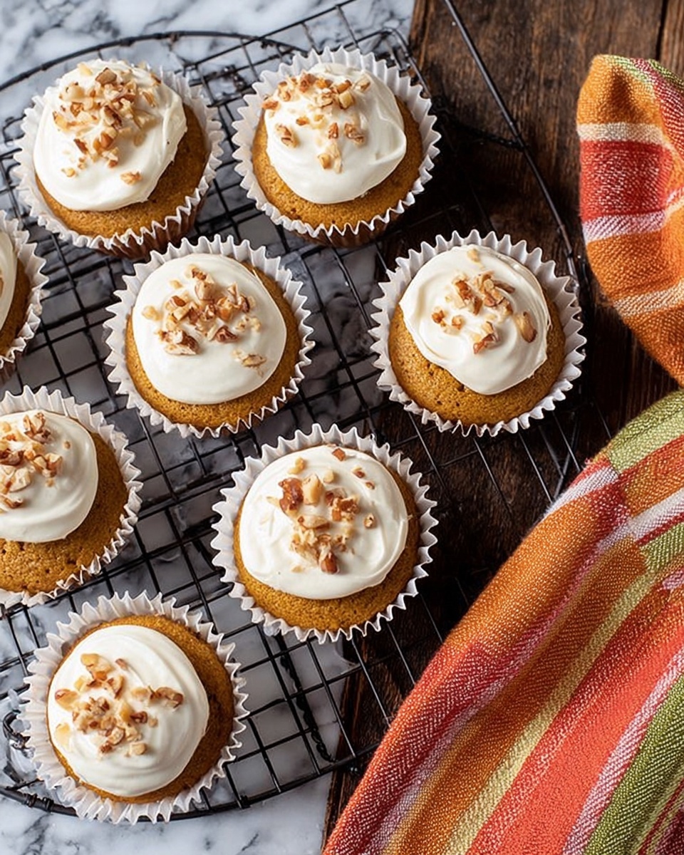 The image shows nine cupcakes placed on a black cooling rack with a dark wooden surface beneath. Each cupcake has two layers: a golden-brown cake base in white paper liners and a smooth layer of white frosting on top. The frosting is sprinkled with small pieces of chopped nuts that add texture and a light brown color contrast. To the right side of the rack, there is a folded cloth with orange, red, green, and beige stripes lying on the dark wooden surface. The whole setup rests on a white marbled textured background photo taken with an iphone --ar 4:5 --v 7