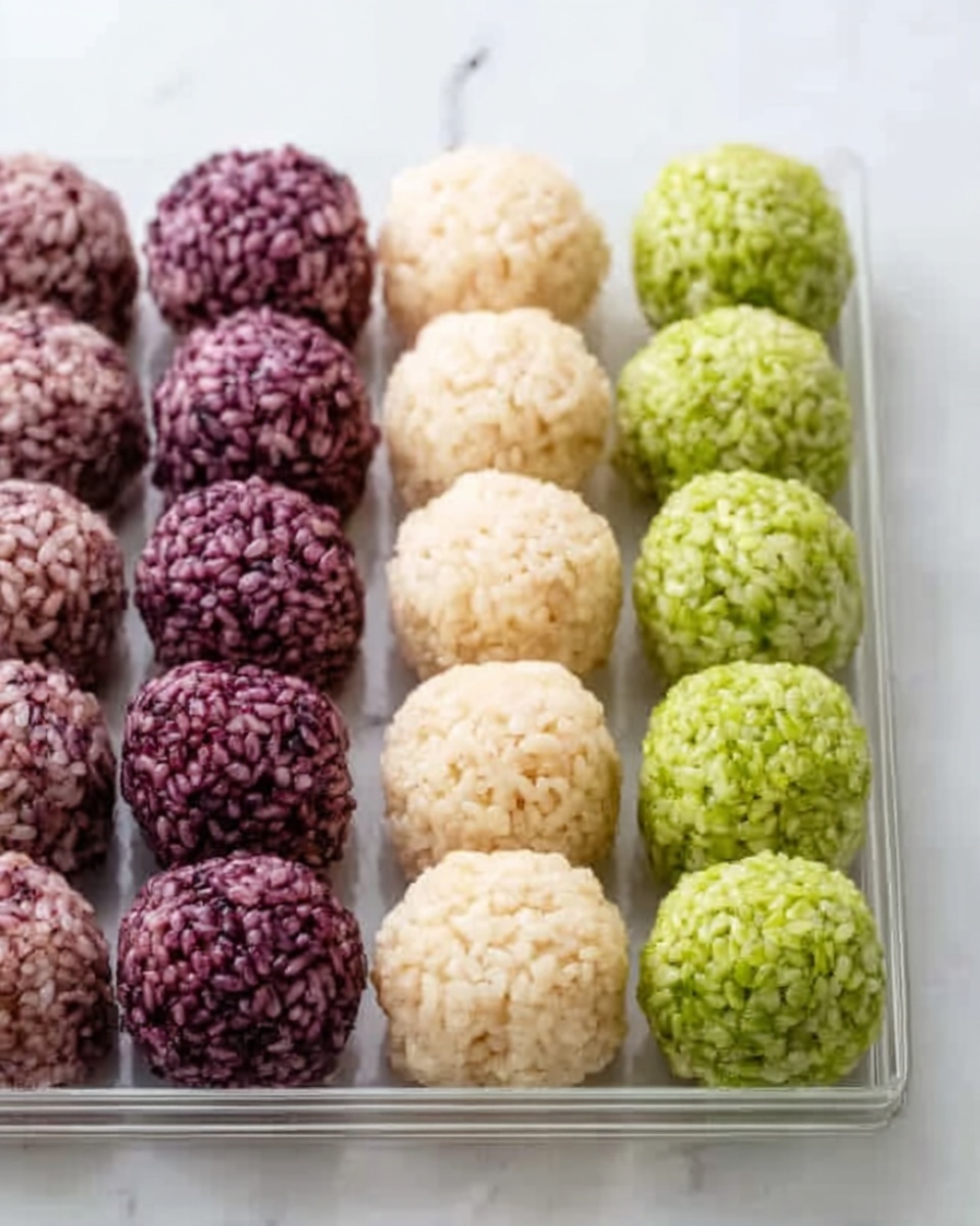 The image shows three rows of round rice balls placed on a clear tray, all arranged neatly in a 3 by 4 grid. The first row on the left has purple rice balls with a slightly glossy texture made from mixed grains. The middle row has creamy-colored rice balls that look soft and sticky. The last row on the right has bright green rice balls with a similar sticky texture, possibly flavored with a vegetable or herb. Each rice ball is roughly the same size and shape, with a consistent round form. The background surface is a white marbled texture. Photo taken with an iphone --ar 4:5 --v 7