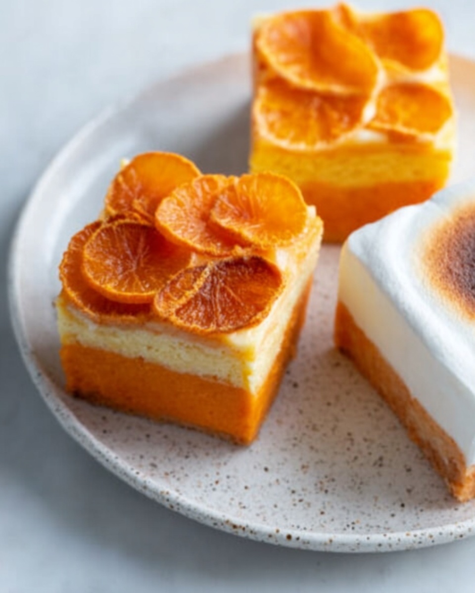 The image shows three pieces of bright orange layered dessert arranged on a white speckled plate resting on a white marbled surface. The dessert has three distinct layers: the bottom layer is a solid orange base, the middle layer is a smooth, slightly darker orange filling, and the top layer is thin slices of orange fruit arranged in a neat pattern. To the right, there is another dessert with a white soft topping browned lightly on top. The overall look is clean and vibrant. photo taken with an iphone --ar 4:5 --v 7