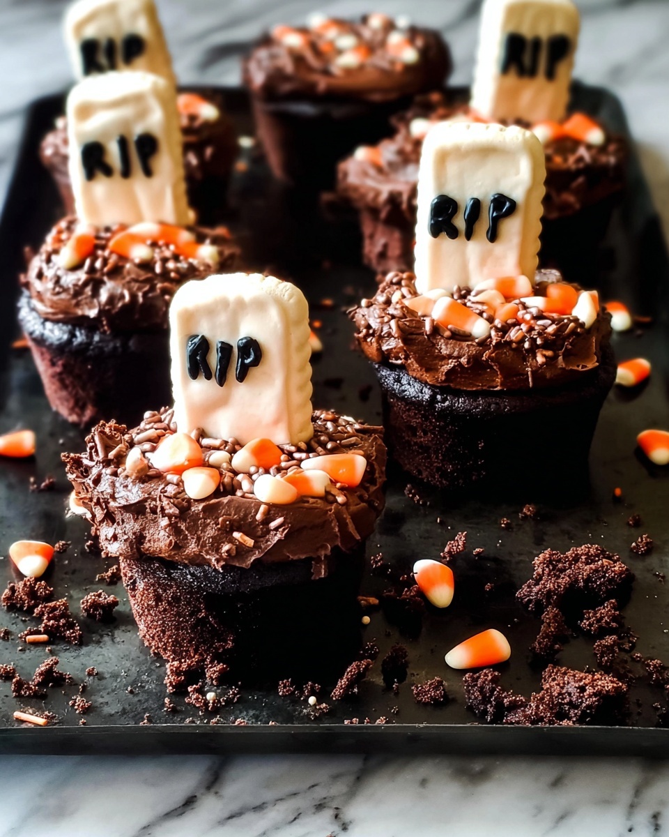 There are five chocolate cupcakes arranged in a pan with dark crumbs sprinkled on top. Each cupcake has a layer of colorful sprinkles including orange, white, and brown pieces scattered across the top. Standing upright in the middle of each cupcake is a small white tombstone-shaped decoration with black writing such as