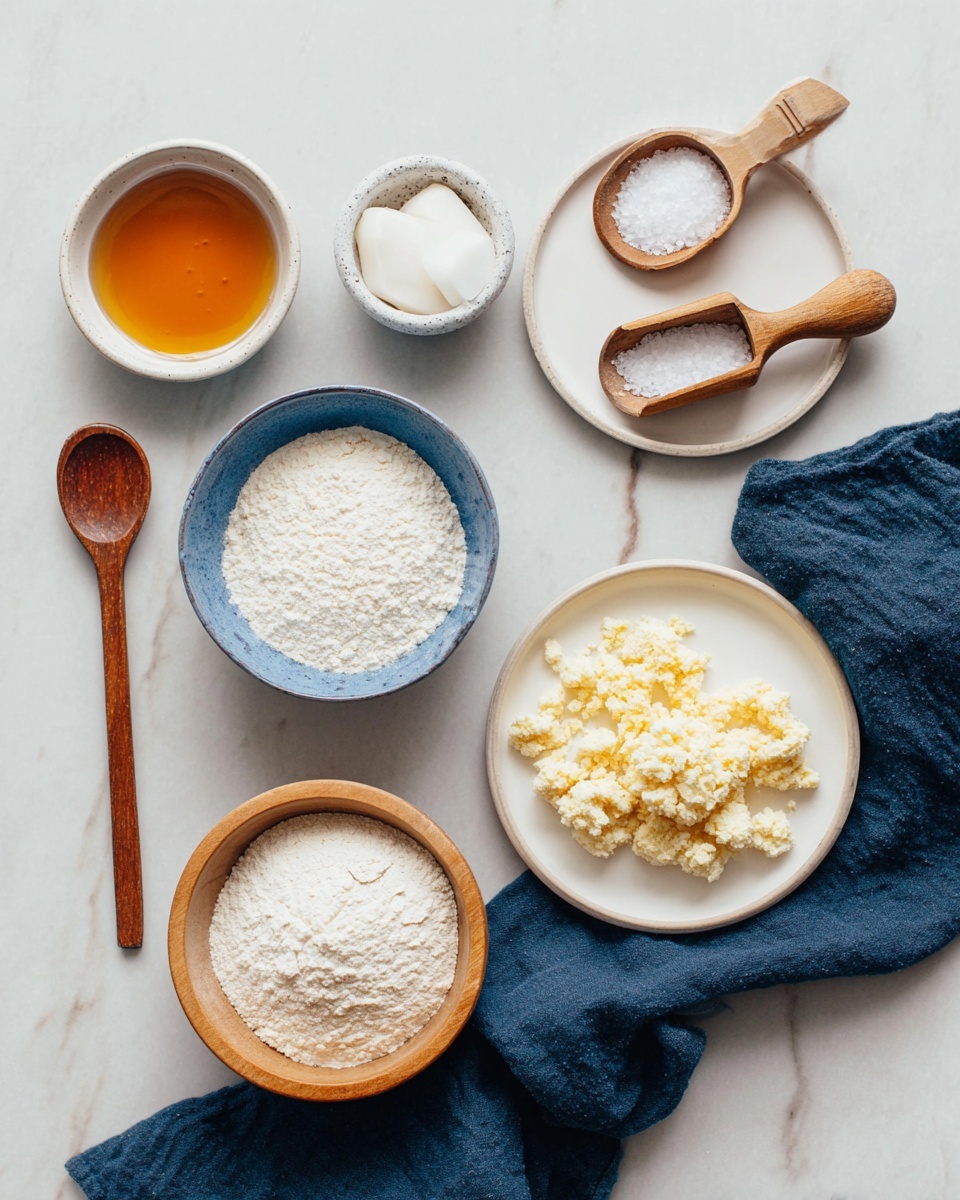 Top view of several small dishes and spoons with baking ingredients on a white marbled surface. There is a small white bowl filled with golden syrup at the top left. Below it, a wooden spoon holds a white solid fat. Next to it, a blue bowl contains white flour. At the bottom left, a wooden bowl holds fine white powder. A white plate on the right holds a light yellow crumbly mixture with small chunks and is partly covered by a dark blue cloth. To the upper right, there is a white plate with two small wooden measuring spoons filled with white granulated salt. Photo taken with an iphone --ar 4:5 --v 7