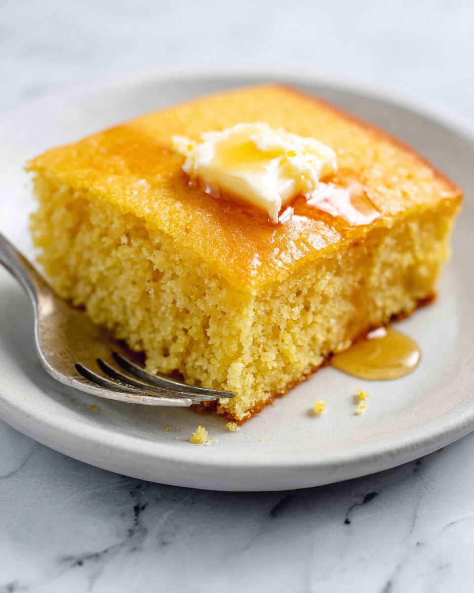 A square white baking dish filled with a single layer of golden yellow cornbread that has a slightly rough texture on top and a soft crumb inside. One piece has been lifted out with a metal spatula showing its thick, moist inside with small air holes, revealing a uniform light yellow color with a slightly darker crust along the edges. The background is a white marbled texture. Photo taken with an iphone --ar 4:5 --v 7