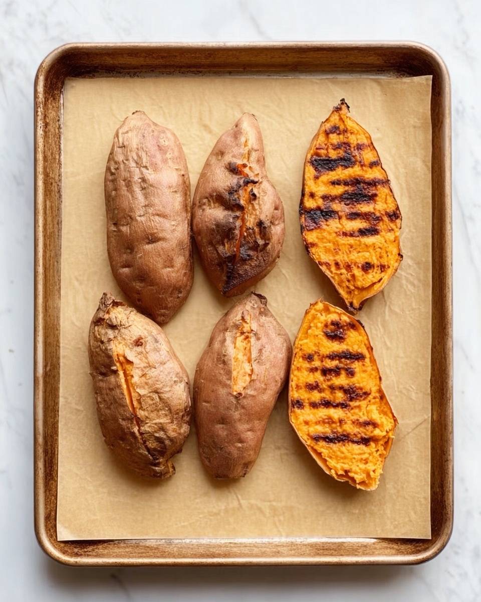 The image shows a baking tray lined with light brown parchment paper, placed on a white marbled surface. On the tray, there are four pieces of roasted sweet potato, arranged in a single row. The two sweet potatoes on the left have a brownish skin with some light, soft-looking texture and slight charring on one end. The two sweet potatoes on the right are sliced in half lengthwise, exposing a bright orange interior with grill marks and a caramelized texture. The overall color contrast between the brown skin and bright orange inside is clear. photo taken with an iphone --ar 4:5 --v 7