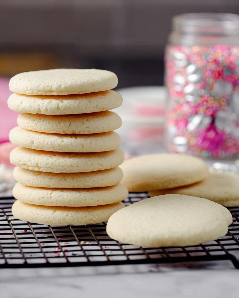 This image shows a stack of eight light beige round cookies with a smooth, slightly porous texture sitting on a black cooling rack. Next to the stack, three more cookies lie flat, overlapping each other with their soft, pale surfaces visible. In the background, there is a blurry jar filled with colorful sprinkles, including pink, white, and silver shapes, adding a bright touch. The scene is set on a white marbled surface with a soft focus on the cookies in front. Photo taken with an iphone --ar 4:5 --v 7
