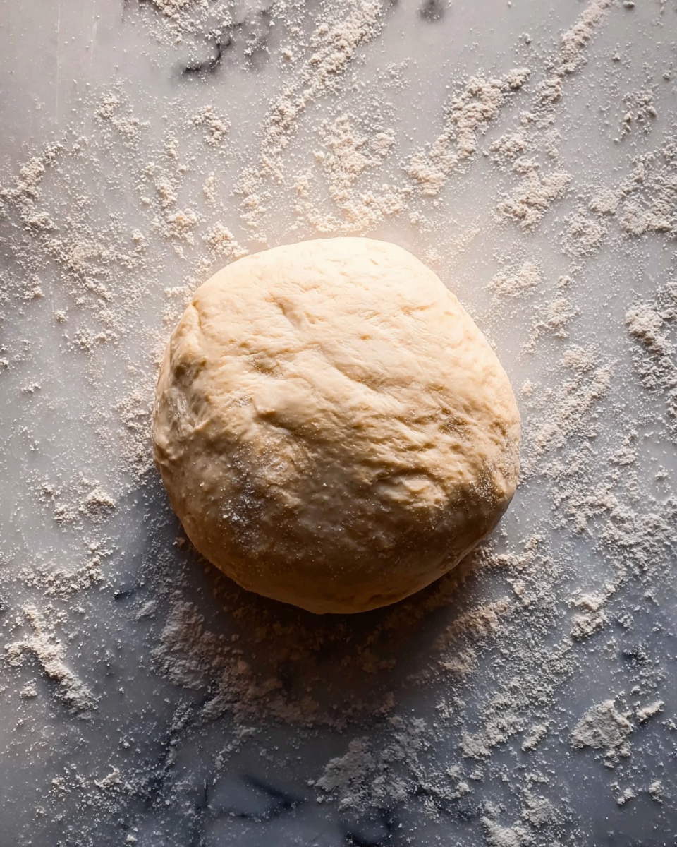 A single round ball of dough sits on a white marbled surface dusted lightly with flour. The dough is pale beige, smooth but with some soft wrinkles and a few small cracks on its surface. The lighting is soft, showing some subtle texture on the dough, and the background around is mostly dark with scattered flour bits creating contrast. Photo taken with an iphone --ar 4:5 --v 7