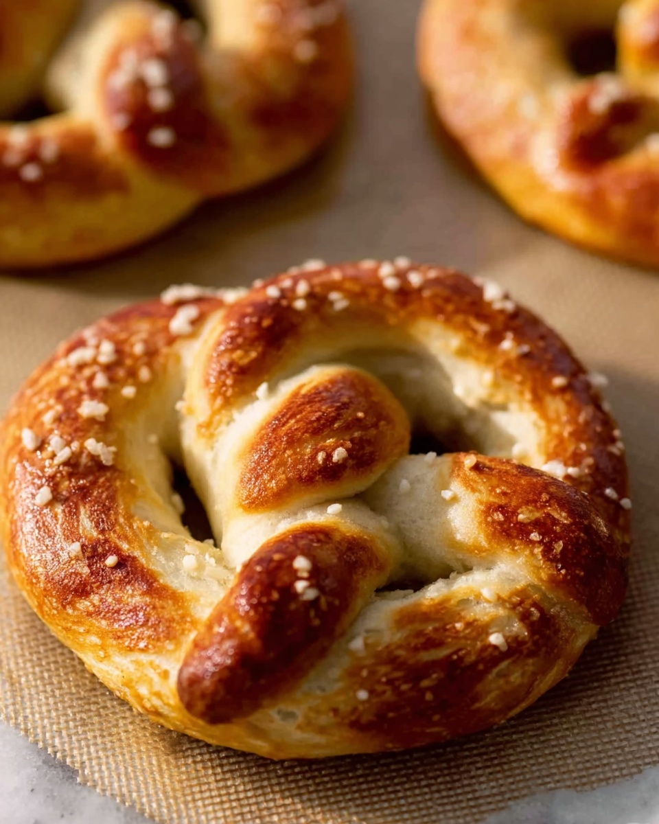 The image shows a close-up of two soft pretzels with a golden-brown crust. Each pretzel is twisted into a classic knot shape, with a smooth, slightly shiny surface sprinkled with coarse salt and a light texture of baked bread. The pretzels rest on a baking mat with a white marbled surface visible at the edges. The lighting highlights the warm, toasted colors and the soft, fluffy texture inside the pretzels. Photo taken with an iphone --ar 4:5 --v 7