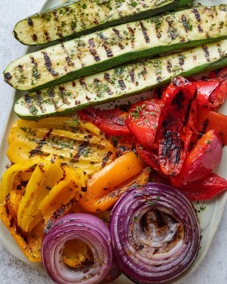 The image shows a close-up of grilled vegetables arranged on a white plate over a white marbled surface. There are three long grilled zucchini slices with dark grill lines, their color a light green with specks of herbs sprinkled on top, lying in the upper section. Several large pieces of red, yellow, and orange grilled bell peppers with charred edges are scattered below the zucchinis. Two thick rings of purple-red onions with grill marks sit on the bottom left. The vegetables have a slight shine from being grilled and seasoned, creating a colorful and fresh look. Photo taken with an iphone --ar 4:5 --v 7