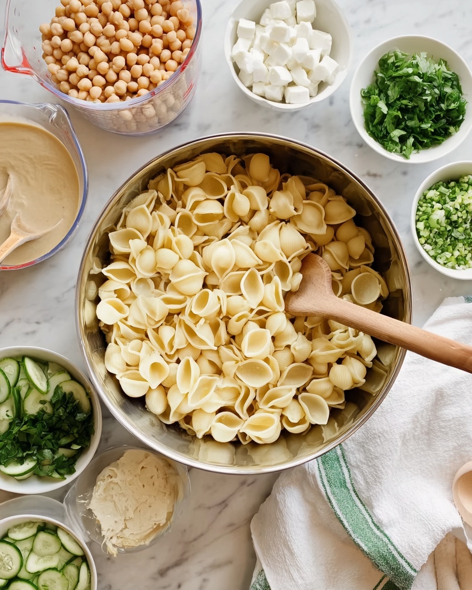 A large silver bowl filled with light yellow pasta shells sits in the center on a white marbled surface. Surrounding the bowl are smaller white bowls containing various ingredients: green sliced cucumbers, white small mozzarella balls, finely chopped green herbs, chopped green vegetables, and a bowl of beige creamy sauce. A transparent measuring cup filled with chickpeas is on the left side. Wooden spoons, including one inside the pasta bowl, lie on the surface next to a white towel with green stripes. The scene is bright and clean, focused on fresh ingredients ready to be mixed. photo taken with an iphone --ar 4:5 --v 7