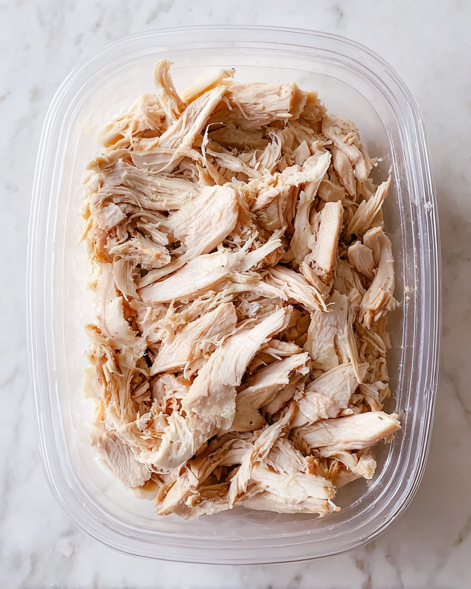The image shows a clear plastic container filled with shredded cooked chicken. The chicken pieces are in various sizes and shades of light brown, beige, and white, with visible fibrous texture. Some parts have a slightly darker, cooked edge while most pieces are pale and tender-looking. The container sits on a white marbled surface. photo taken with an iphone --ar 4:5 --v 7