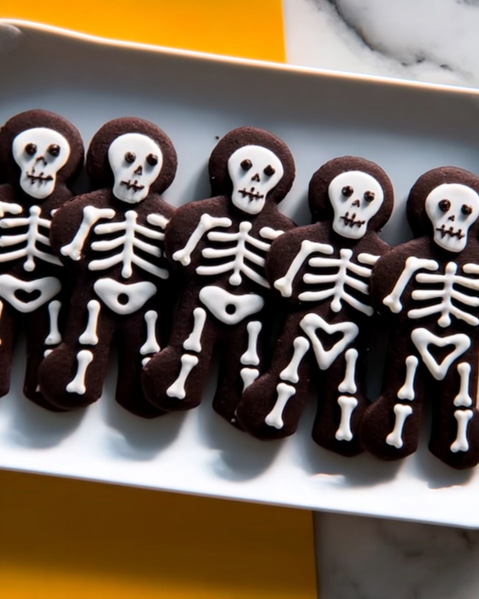 A dark brown cookie shaped like a gingerbread person lies on a grey baking sheet with a slightly crinkled texture. White icing is being piped onto the cookie by a woman's hand holding a white icing bag. The icing forms details that look like a skeleton: a rounded skull with two hollow eye shapes and a small dot for the nose, vertical lines across the torso resembling ribs, a looped shape near the chest, and bones on the arms and legs. The cookie has a rough, slightly textured surface. photo taken with an iphone --ar 4:5 --v 7