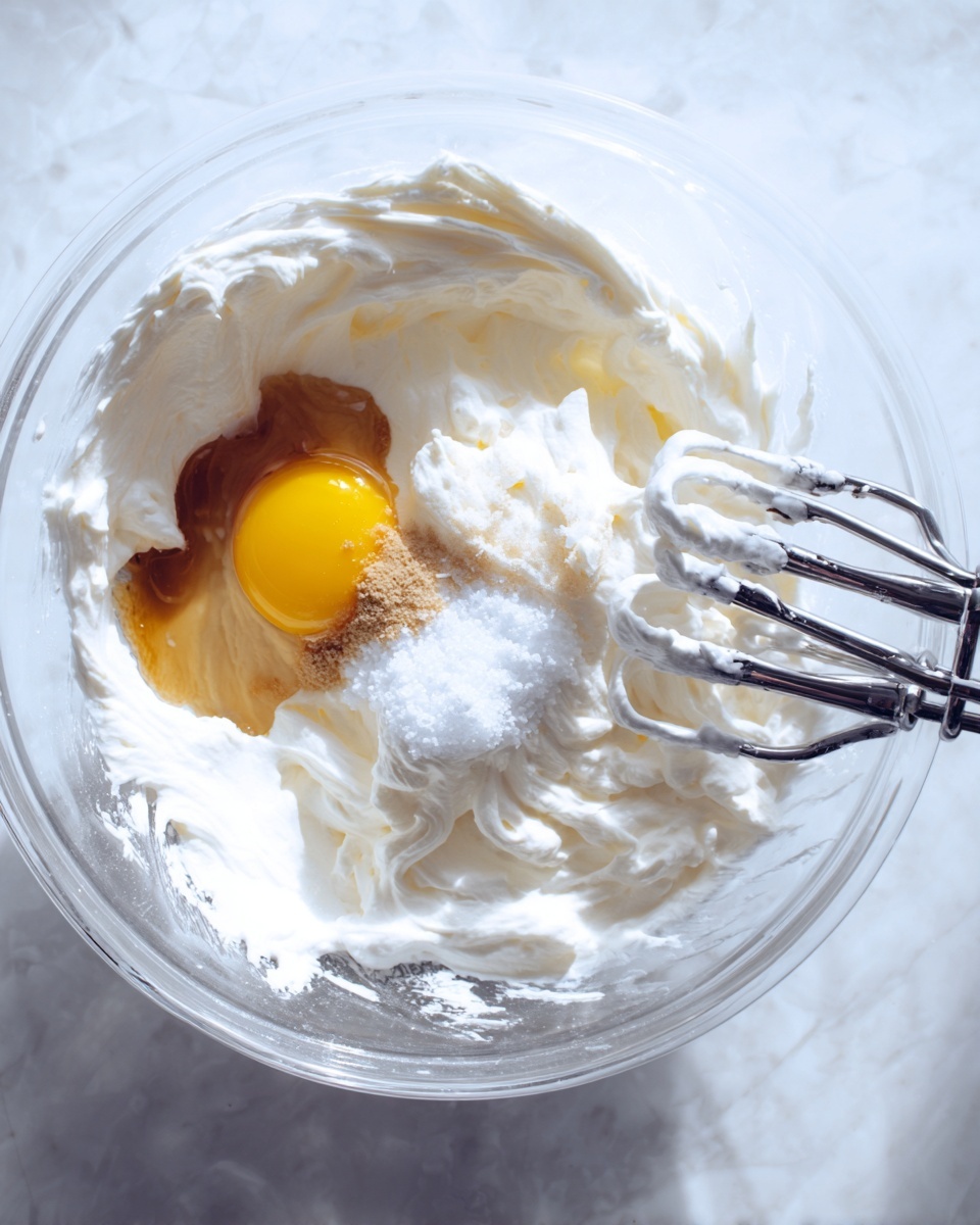 A clear glass bowl contains thick, white whipped cream forming a soft, fluffy layer around the edges. On top of the whipped cream are several small piles: a whole raw egg yolk with vibrant yellow color, a light brown vanilla extract pool, and fine white sugar granules. Two shiny metal beaters coated in whipped cream rest inside the bowl, positioned near the right side. The bowl and ingredients sit on a white marbled surface with soft natural light. Photo taken with an iphone --ar 4:5 --v 7