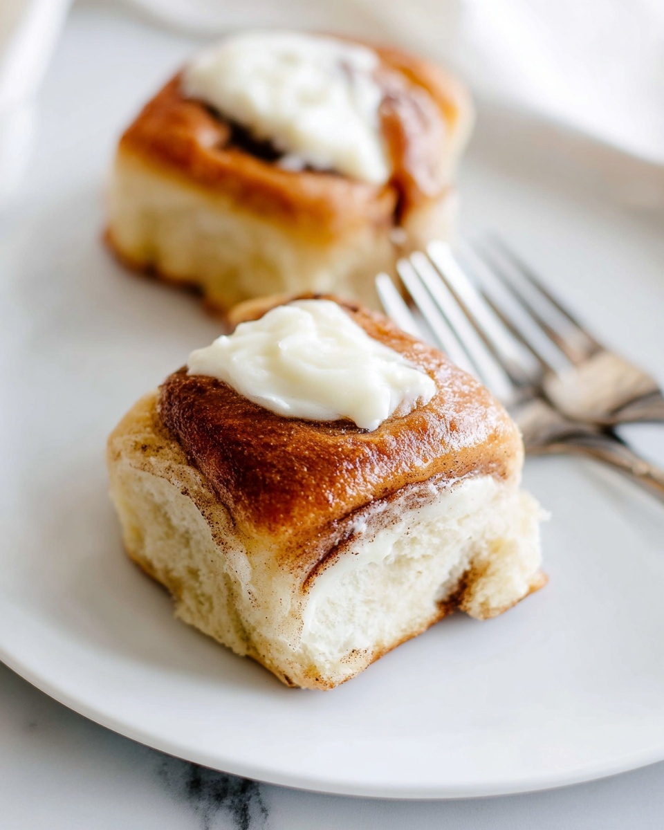 Two small square cinnamon rolls with a thick golden brown top layer that is slightly shiny and rounded, sitting on a white plate with a white marbled surface underneath. Each cinnamon roll has one dollop of creamy white frosting spread unevenly on top. The bottom layer of the rolls is soft and light beige with a smooth texture. A metal fork is placed behind the cinnamon rolls on the plate, with the focus mainly on the front roll. photo taken with an iphone --ar 4:5 --v 7