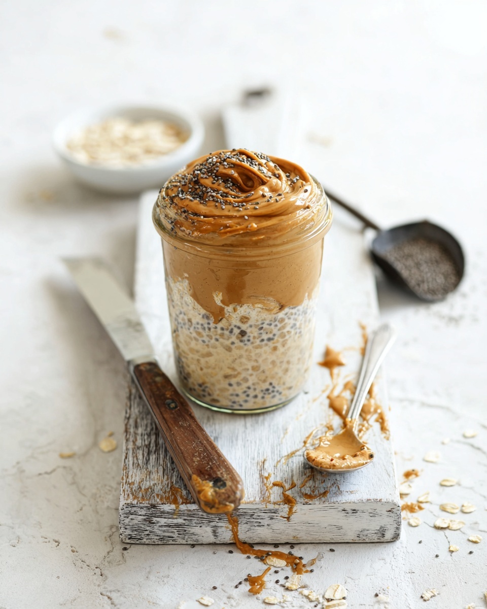 A clear glass jar filled with layers of creamy peanut butter at the bottom, topped with a thick layer of oatmeal mixed with chia seeds, and a swirl of peanut butter on top with sprinkled chia seeds. The jar sits on a rustic white wooden board with an old silver spoon below it and a knife with a wooden handle lying nearby, smeared with peanut butter. In the background, a small white bowl filled with oats and a dark scoop filled with chia seeds rest on the board. The whole scene is set on a white marbled texture surface. photo taken with an iphone --ar 4:5 --v 7