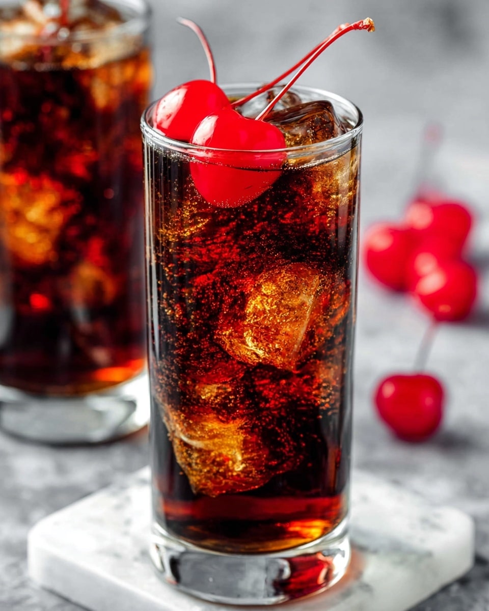 A clear glass filled with dark amber soda and several large ice cubes, with bubbles visible around the ice. On top, a woman's hand is gently placing two bright red cherries with long stems into the drink. The background shows a white marbled texture with a soft red cloth slightly blurred. Photo taken with an iphone --ar 4:5 --v 7
