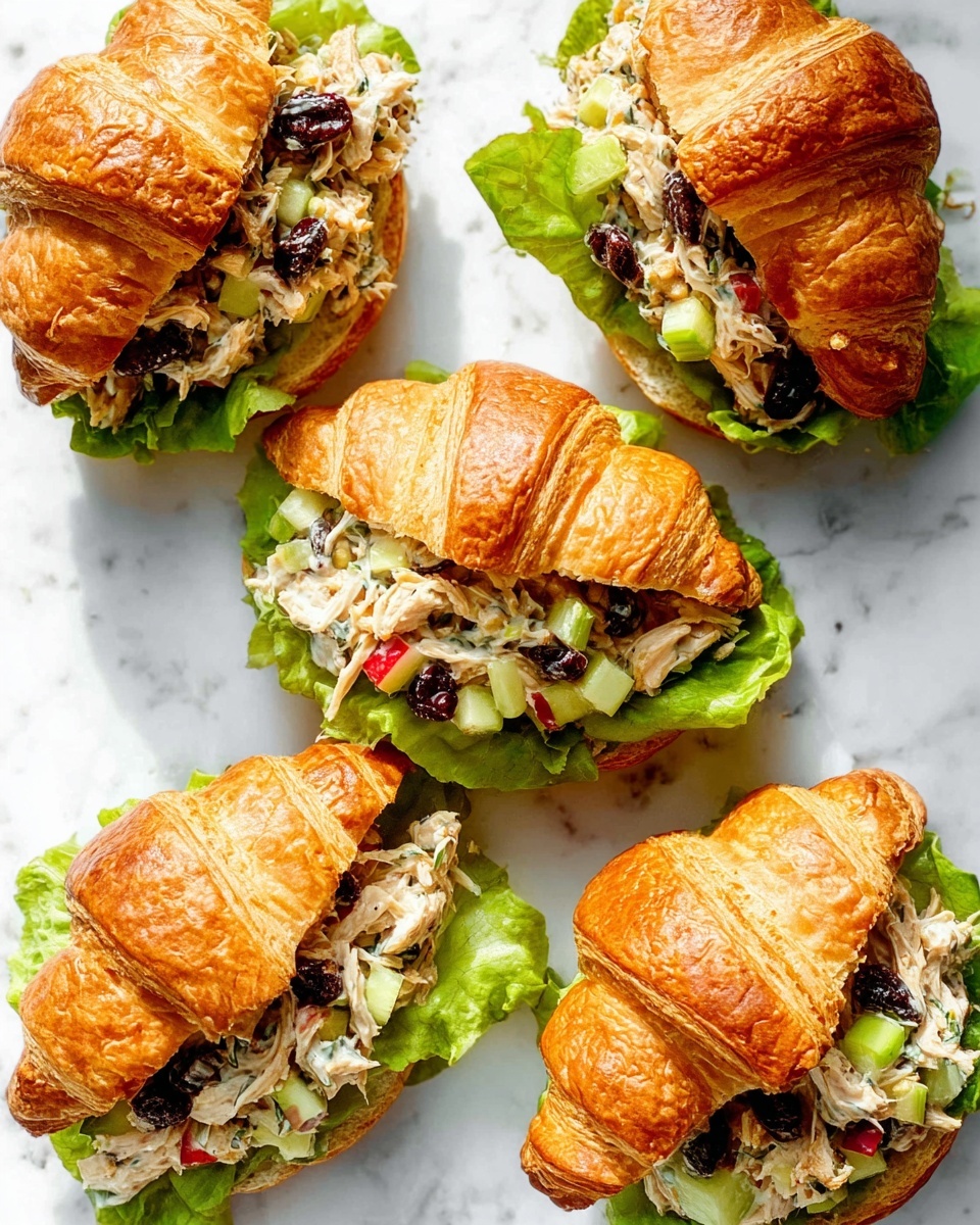 Five croissant sandwiches are placed on a white marbled surface. Each sandwich has a golden brown flaky croissant cut in half, with a bottom layer of fresh green lettuce. On top of the lettuce, there is a mix of light shredded chicken, small pieces of red apple, dark raisins, and green celery chunks. A light creamy dressing or sauce is drizzled over the filling. The croissants have a shiny, slightly crispy texture, and the sandwiches are arranged randomly but close to each other. photo taken with an iphone --ar 4:5 --v 7