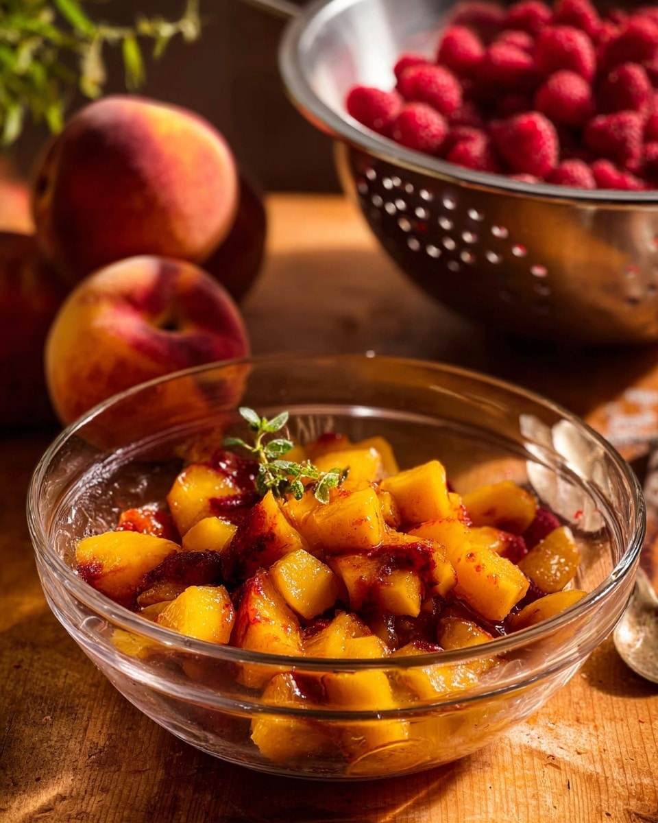 A clear glass bowl sits on a wooden table filled with small, irregularly shaped pieces of cooked peaches, showing a mix of golden yellow and deep red skin colors. The fruit pieces have a slightly shiny, soft texture, and a small green herb sprig rests on top as garnish. Behind the bowl, two whole peaches with fuzzy red and yellow skin are visible next to a metal colander filled with bright red raspberries. The scene is warmly lit, creating soft shadows and highlighting the natural colors and textures of the fruit. Photo taken with an iphone --ar 4:5 --v 7