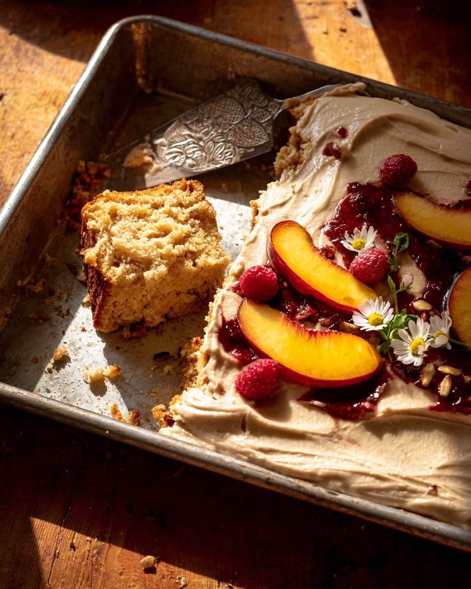 A metal tray holds a partially eaten, thick slice of golden brown cake with visible nuts and soft texture, placed near the edge. Beside the cake slice is a spread of light beige frosting with a smooth, creamy texture covering the bottom right of the tray. On top of the frosting, there are thin slices of peach with deep reddish-purple syrup, along with a few small red raspberries and tiny white flowers with yellow centers, adding color and decoration. A metal spatula with a decorative pattern rests in the tray, partly covered with frosting and a peach slice. The tray sits on a wooden surface with warm lighting casting shadows. Photo taken with an iphone --ar 4:5 --v 7