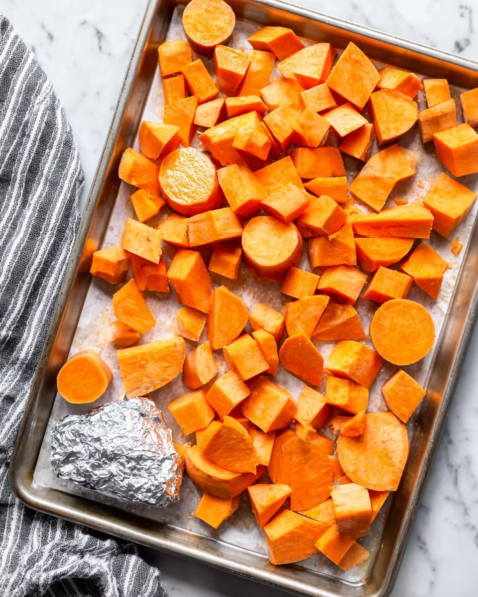The image shows a metal baking tray filled with chopped orange sweet potatoes spread out in an even layer. The sweet potatoes are cut into various shapes including cubes and thick round slices, all with a smooth texture and bright orange color. In the bottom left corner of the tray, there is a small foil-wrapped bundle resting on white parchment paper. The tray is placed on a white marbled surface with a grey-striped cloth partially visible on the left side. Photo taken with an iphone --ar 4:5 --v 7