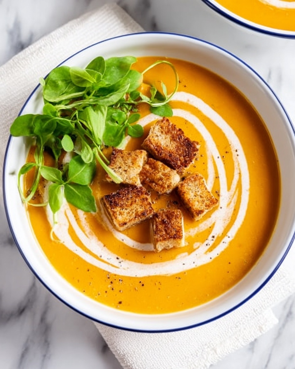 A white bowl filled with smooth orange soup topped with three golden brown croutons and small sprigs of fresh green herbs, placed on a white marbled surface with a silver spoon resting inside the bowl, a gray cloth partially under the bowl, and a small white bowl of sliced cheese in the background, soft natural light highlighting the creamy texture and warm tones of the soup. photo taken with an iphone --ar 4:5 --v 7