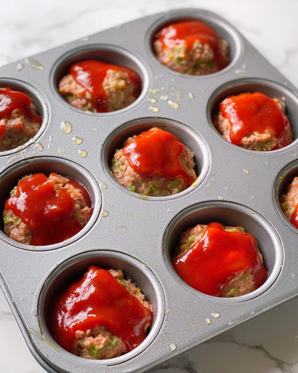 A gray muffin tin holds nine portions of raw meat mixed with green bits, each topped with a smooth, bright red tomato sauce layer. The meat mixture looks soft and slightly chunky, filling each cup almost to the top. The sauce spreads unevenly on top, adding a shiny contrast to the pale pinkish meat. The muffin tin has small droplets of liquid on its surface, and it rests on a white marbled surface. photo taken with an iphone --ar 4:5 --v 7