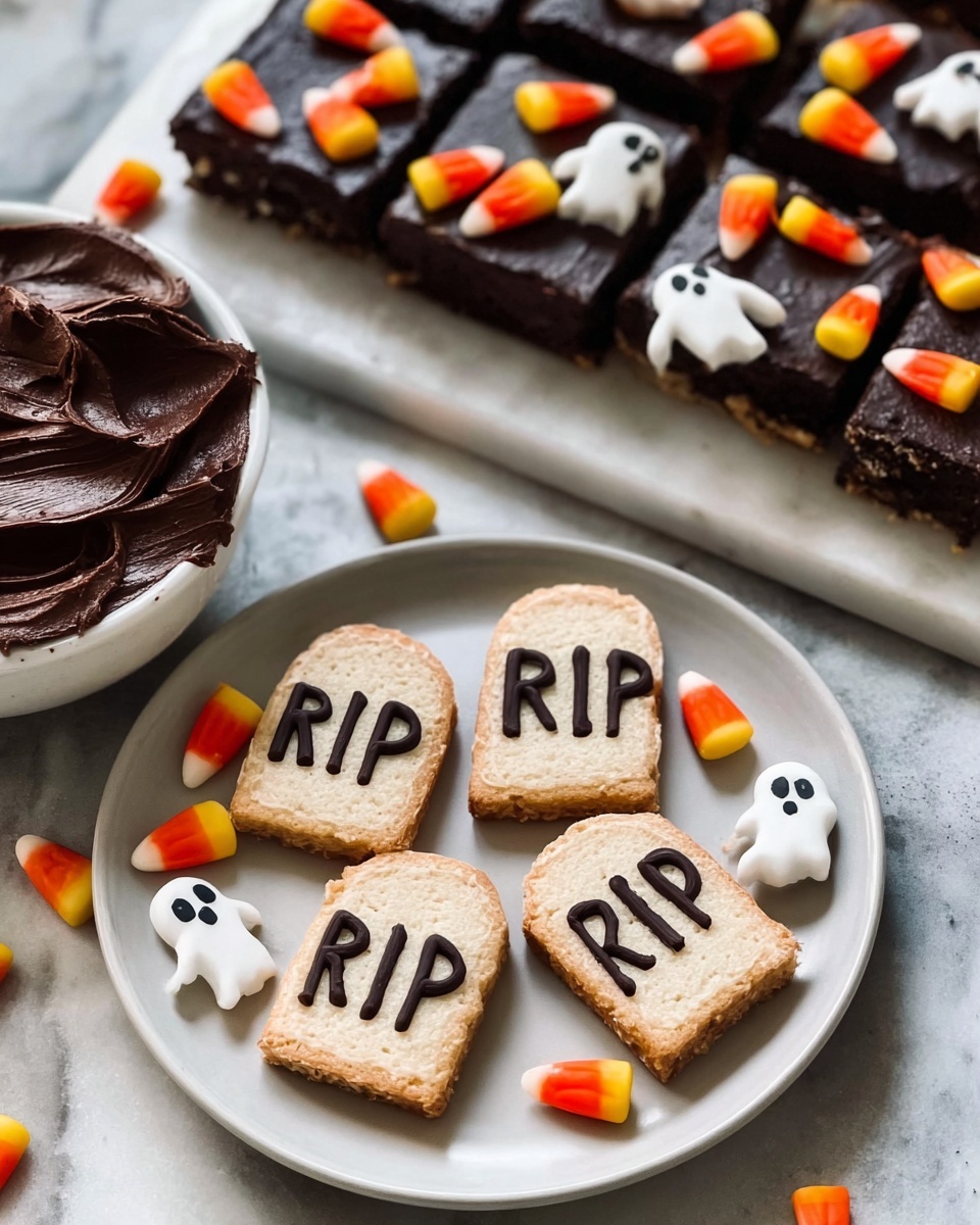 The image shows a white plate with several small tombstone-shaped cookies that have