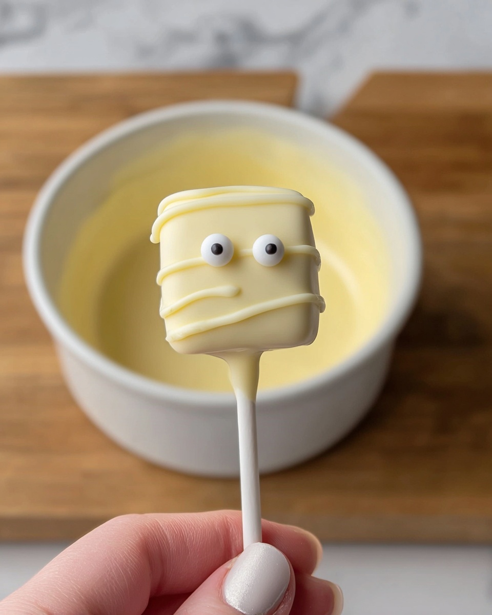 Spooky Marshmallow Pops Recipe 4 A close-up view of a small square cake pop on a white stick, covered in smooth, shiny pale yellow coating. Two small white candy eyes with black dots are placed near the top front of the cake pop. Thin lines of the same pale yellow coating are being drizzled over the cake pop, creating a swirl pattern from the top left to the bottom right. The cake pop is held at the bottom by a woman's hand, with a white bowl filled with the pale yellow coating in the background, set on a wooden surface replaced with a white marbled texture. Photo taken with an iphone --ar 4:5 --v 7