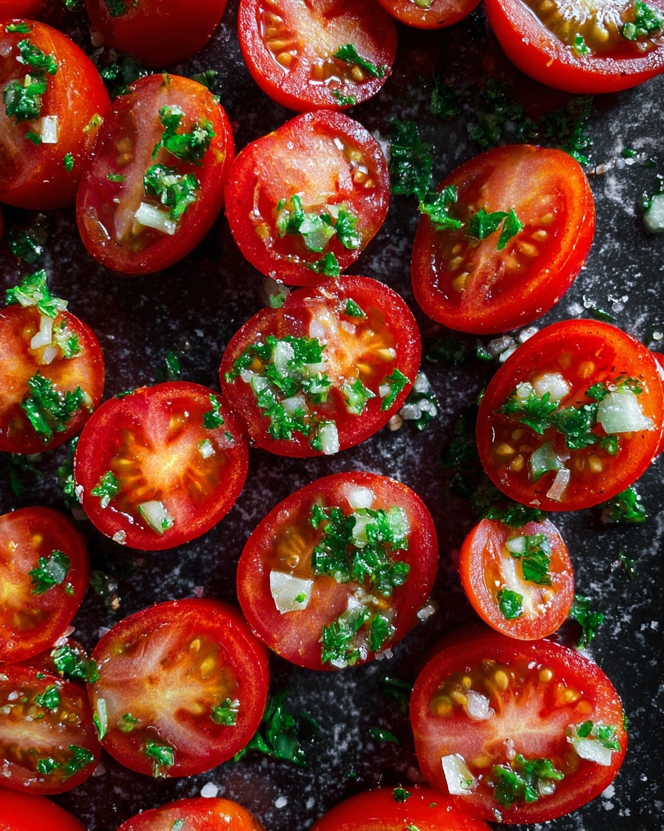 The image shows many cherry tomato halves placed close together on a dark surface with a white marbled texture. Each tomato half has a bright red color with juicy, shiny flesh and visible seeds inside. On top of each tomato piece, there is a small layer of chopped green parsley and minced garlic. The parsley adds a fresh green touch, and the garlic looks slightly translucent with a wet texture. The tomatoes appear moist with tiny drops of oil and seasoning scattered over them. photo taken with an iphone --ar 4:5 --v 7