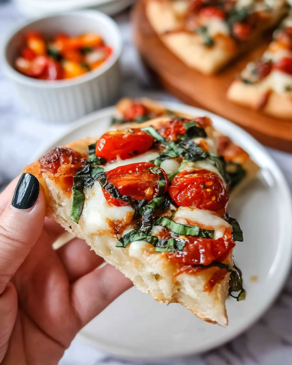 A slice of pizza is held by a woman's hand with black nail polish, showing three main layers. The bottom layer is a light brown, slightly thick crust with a soft texture. The middle layer is melted mozzarella cheese in white with some golden browned spots. The top layer has bright red cherry tomatoes, dark green fresh basil strips, and some roasted green basil leaves scattered on a white plate. In the background, more pizza sits on a wooden board and a small white bowl contains chopped red and orange toppings, all set on a white marbled surface. Photo taken with an iphone --ar 4:5 --v 7