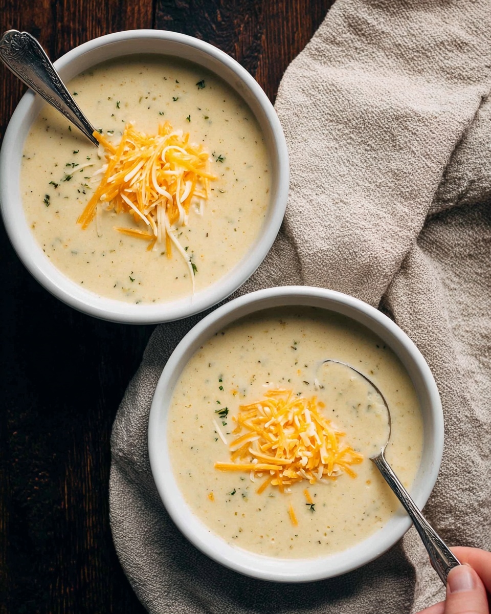 Two white bowls filled with creamy, light beige soup speckled with small herbs are placed on a dark wooden surface with a beige textured cloth nearby. Each bowl has a small pile of shredded white and orange cheese on top of the soup, adding bright color contrast. One bowl has a silver spoon resting inside, slightly covered in the thick soup, held by a woman's hand. The overall setting highlights the smooth texture and warm feel of the dish against the white marbled background. photo taken with an iphone --ar 4:5 --v 7