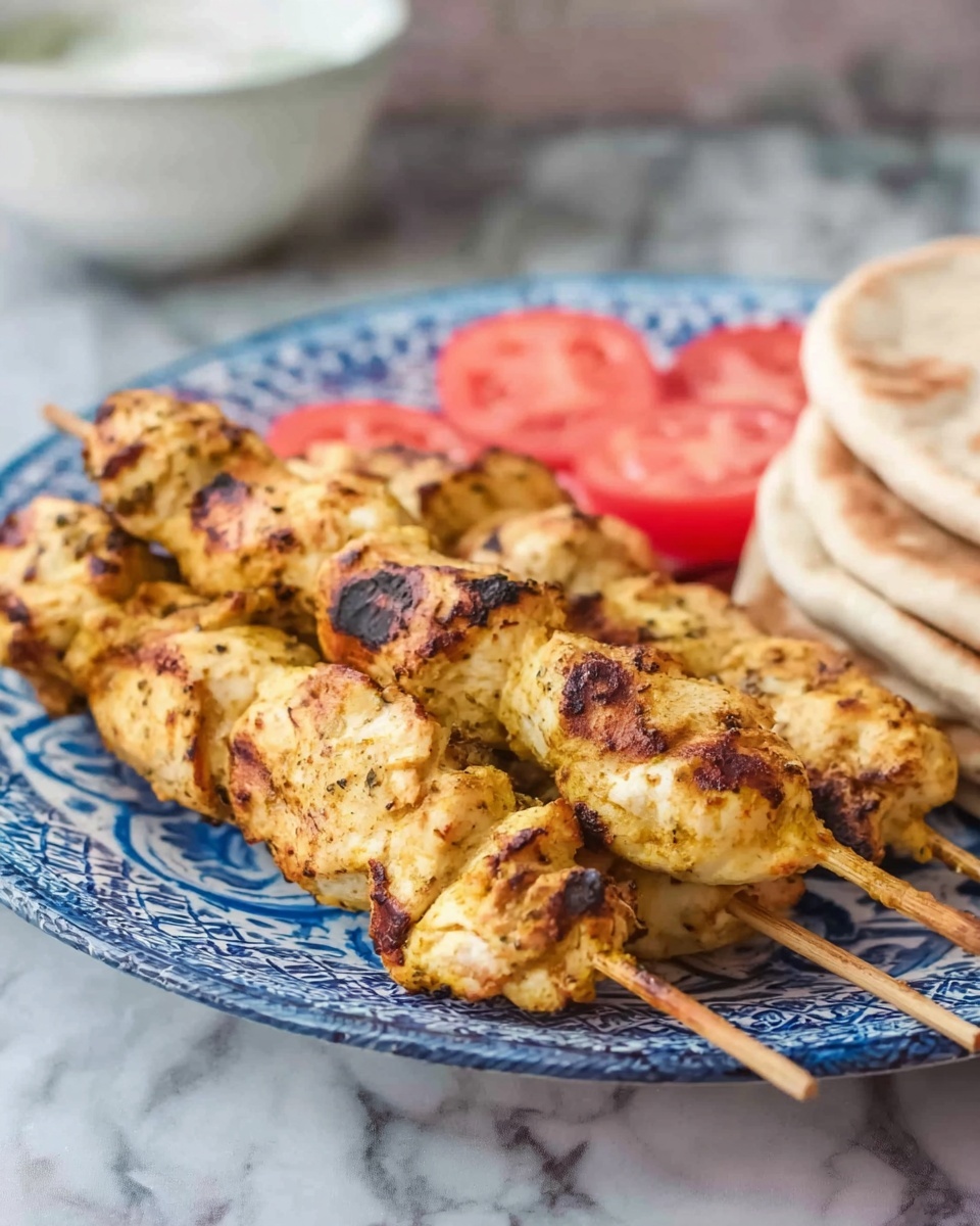 The image shows three wooden skewers with grilled chicken pieces that are golden-brown with some darker grill marks, placed on a blue and white patterned plate. Behind the skewers, there are soft pinkish-red slices of tomato and a few folded white pita breads stacked on the right side of the plate. The plate is set on a white marbled surface, and a blurred white bowl is visible in the background. The photo taken with an iphone --ar 4:5 --v 7