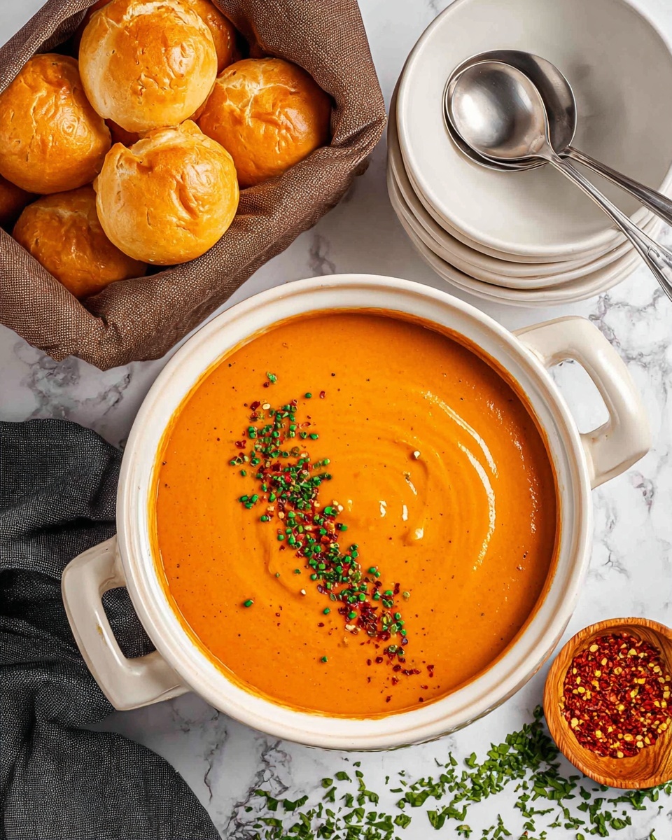 A large white bowl with two handles is filled with smooth orange soup, topped with a line of small green herbs and red pepper flakes in the center. To the top left, there is a basket lined with a brown cloth holding several golden brown round bread rolls. To the top right, there is a stack of white bowls with metal spoons inside. On the bottom right, a small wooden bowl is filled with red pepper flakes. The whole scene is set on a white marbled texture surface with some green herbs near the stack of bowls and a dark grey cloth partially visible on the bottom left. Photo taken with an iphone --ar 4:5 --v 7