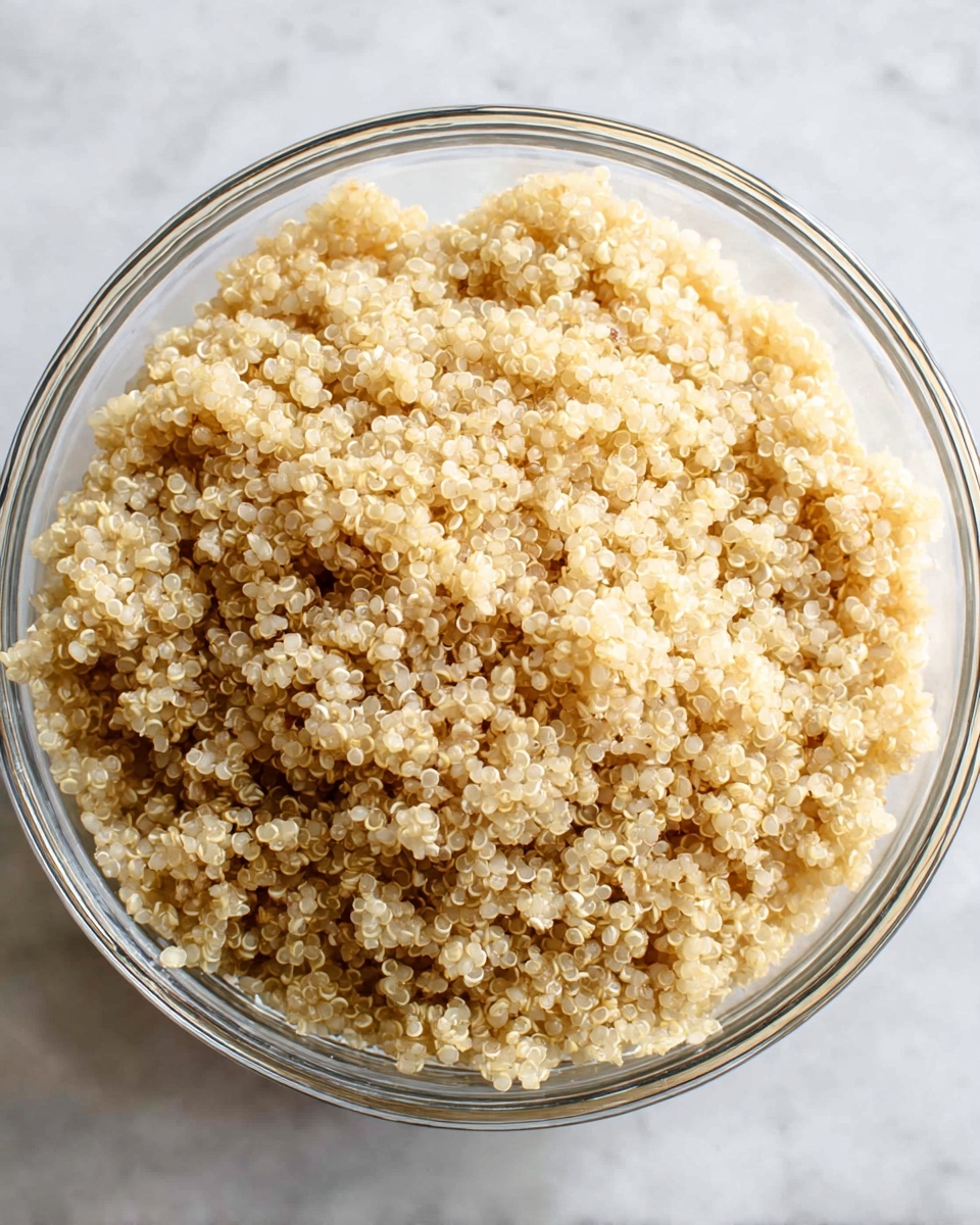 A clear glass bowl filled with cooked quinoa, showing many small, round, light beige grains that are soft and slightly fluffy in texture. The quinoa grains fill the bowl evenly, with no other layers visible. The bowl sits on a white marbled surface. photo taken with an iphone --ar 4:5 --v 7