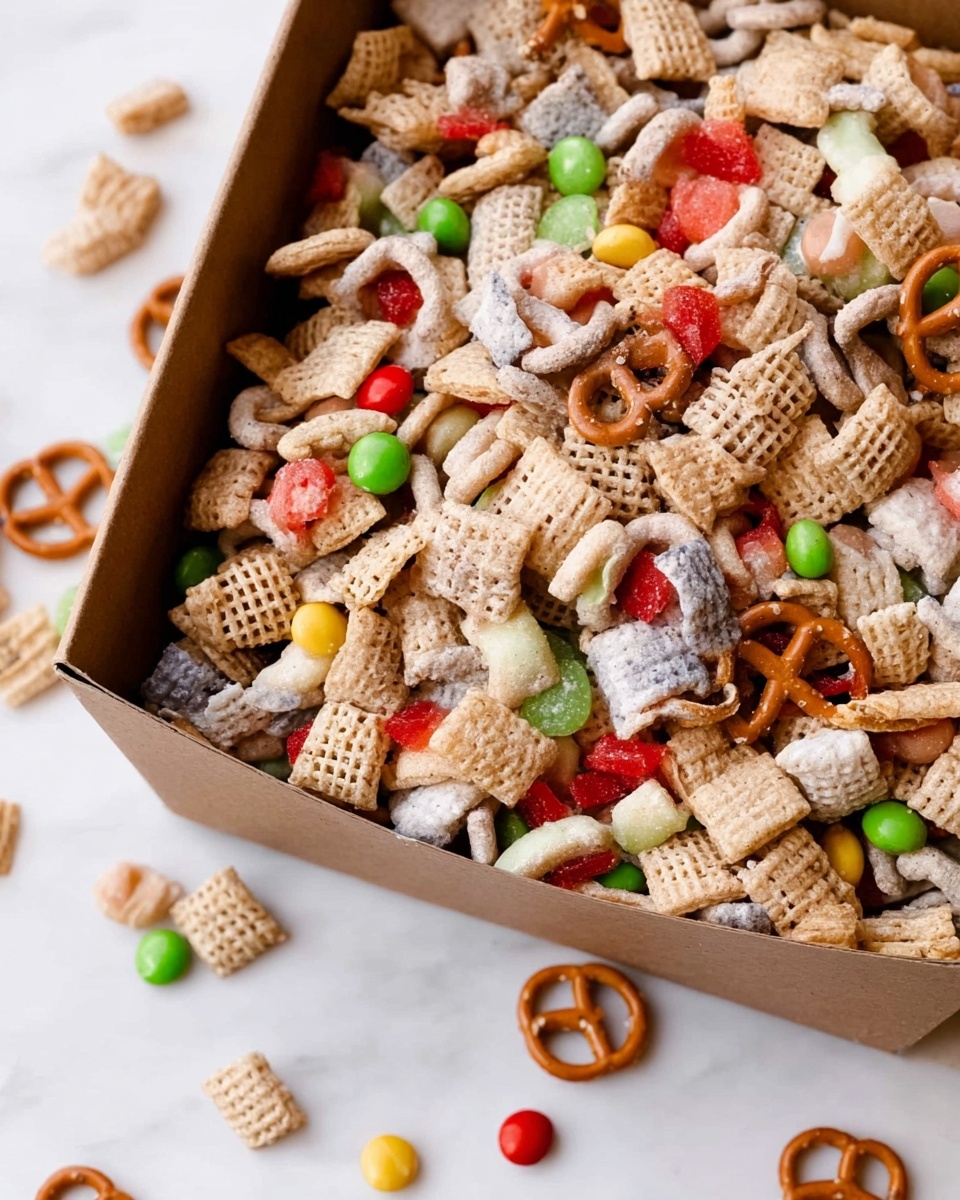 This image shows a close-up of a mixed snack inside a brown cardboard box lined with white paper. The snack mix includes small twisted pretzels, square cereal pieces, colorful candy-coated chocolate pieces (in green, red, yellow, and orange), round cereal rings, and small white coated pieces, giving it a mix of light beige, brown, and bright colors. A woman's hand is holding the box on the right side of the image. The background is a white marbled surface with some scattered pieces of the snack mix. Photo taken with an iphone --ar 4:5 --v 7